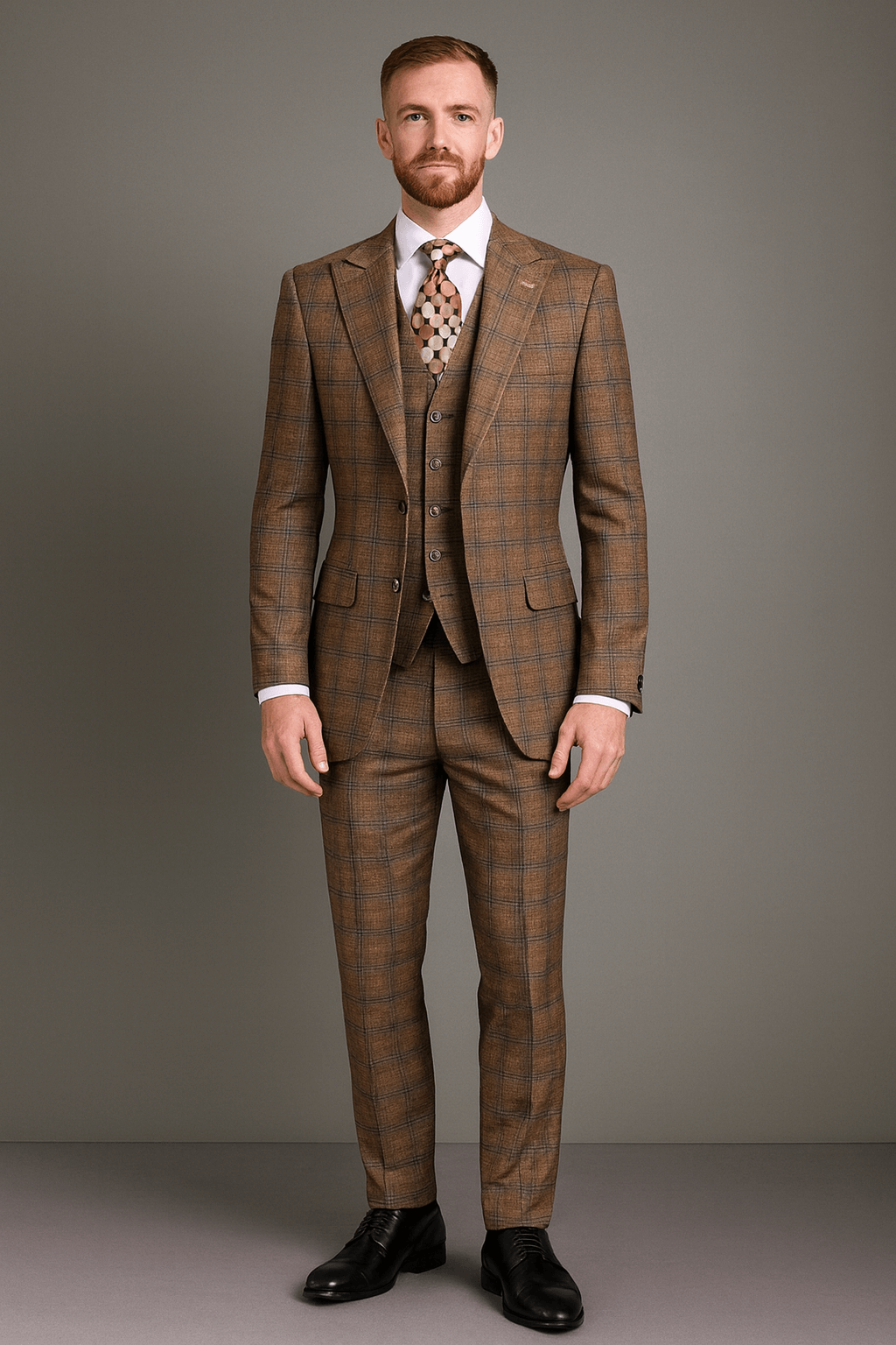 Vitali Suit – Men’s Three-Piece Brown Plaid Modern Fit Tan